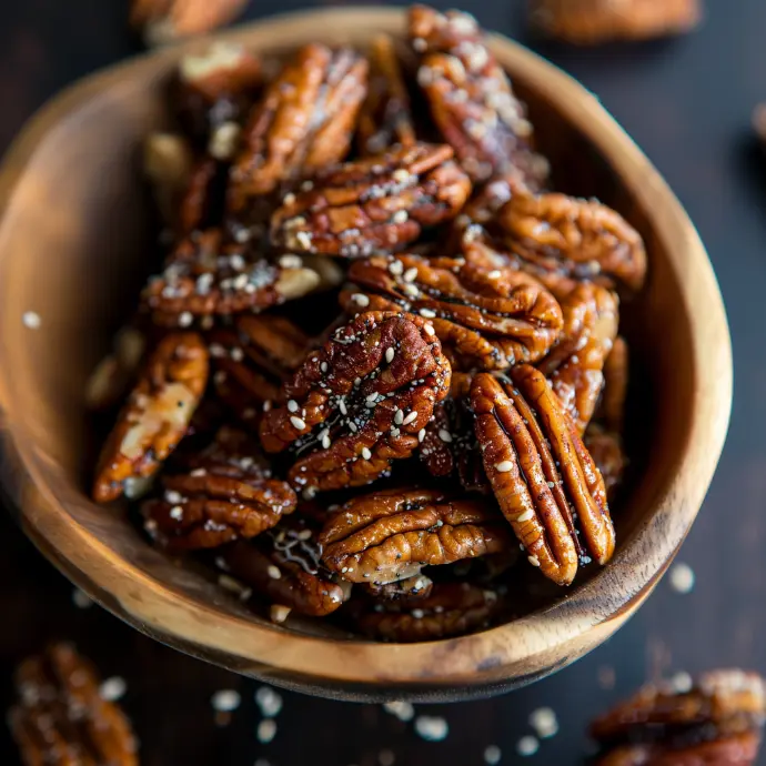 Organic Peking Pecans, Organic pecans, organic maple syrup, organic sesame seeds, organic tamari, organic sesame oil, salt, organic maple sugar, organic garlic, organic ginger, organic black pepper. 
