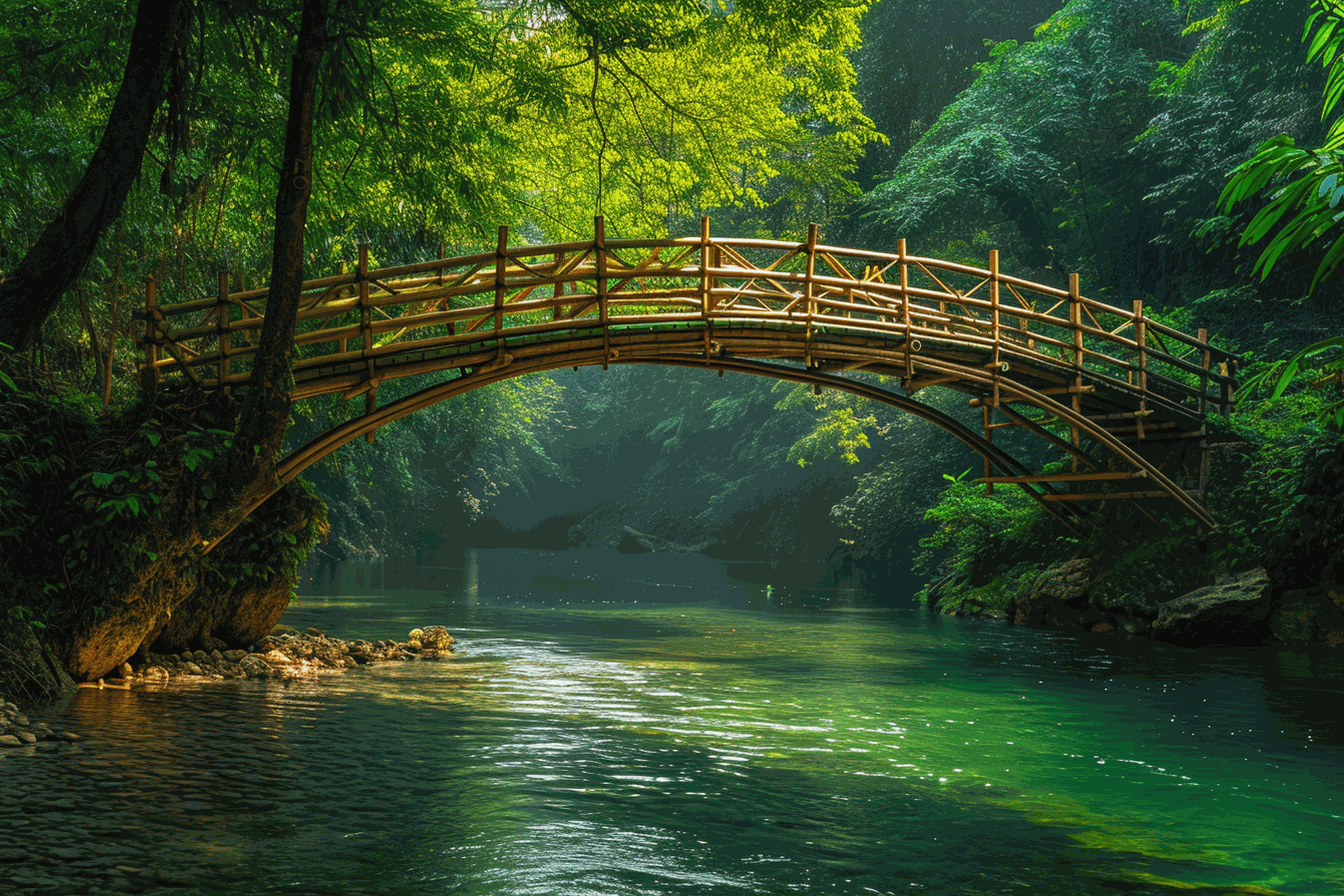 Image of a bridge made of bamboo over a tranquil river in a jungle setting